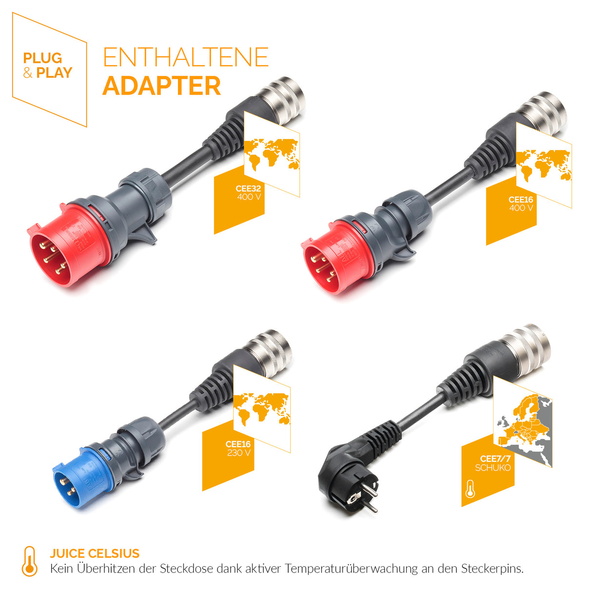 Adapter CEE32 rot, CEE16 rot, CEE16 blau, Schuko